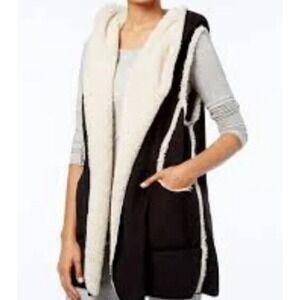 HUE Hooded Vest S/M Cabin Core Cozy Core Black Faux Suede Shearling Lined Boho